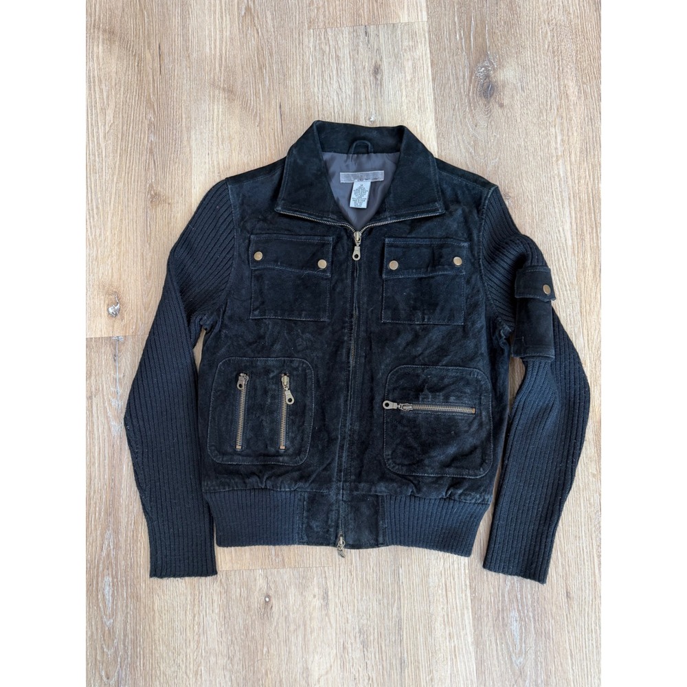 Y2K Lucidity Goth Suede Bomber Jacket Sz M Black Mixed Media Ribbed Knit Wool